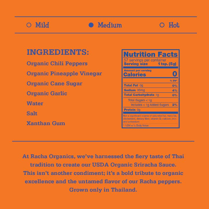 Racha Organics - Venta al por mayor Salsas picantes - Salsa Sriracha Orgánica Mediana (NARANJA)1