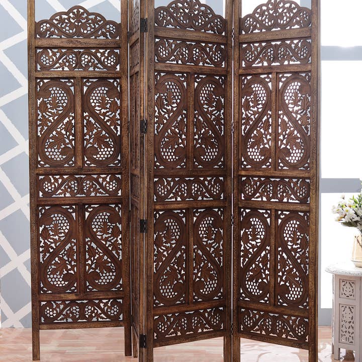 iAnanas - Wholesale Room Divider - Handmade Mango Wood Screen with Floral Designs, 4 Pieces, Space Saving, Decorative Privacy Screen for Living Room, Bedroom, Office & Balcony, 203x2x180 cm, Brown1
