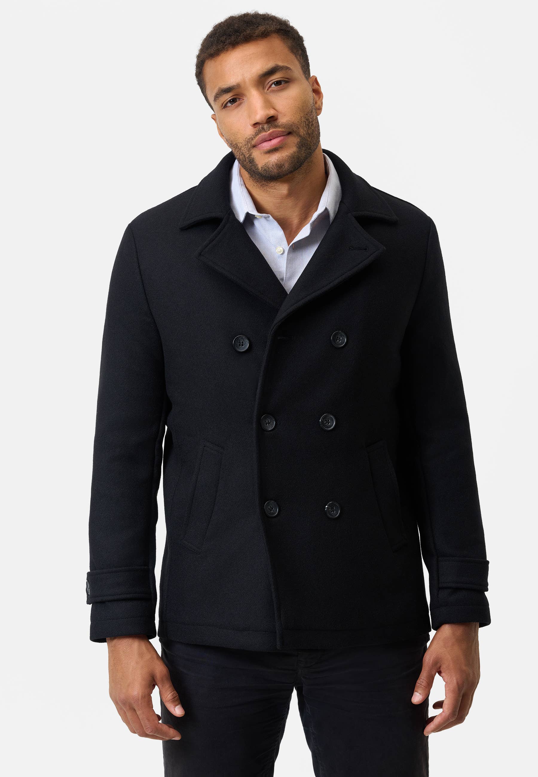 black Men's Marcello Peacoat made of wool for wholesale on Faire0