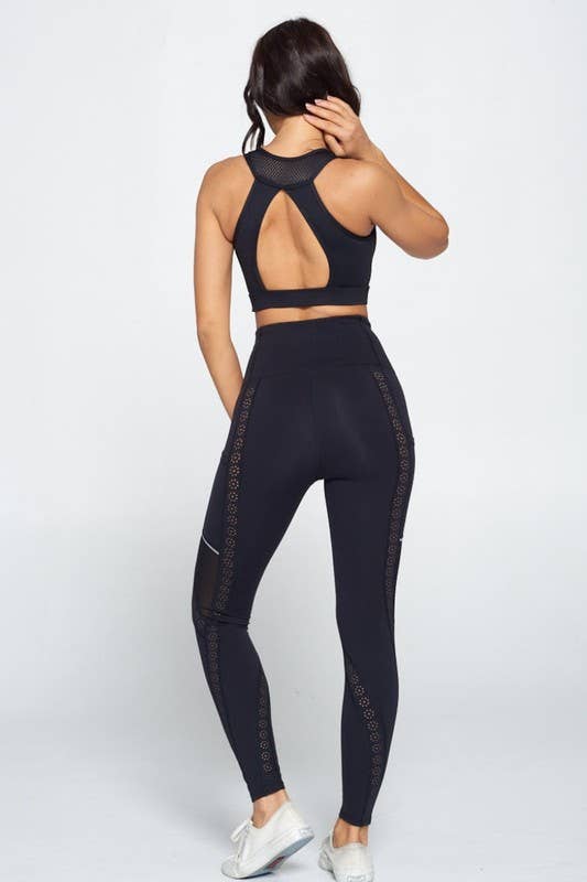 Negro Conjunto de leggings y top de sujetador negro de venta al por mayor en Faire4
