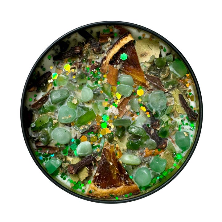 Bougie de soja Abundance - Cristaux et herbes pour la prospérité pour la vente par The MoonChild Tarot UK