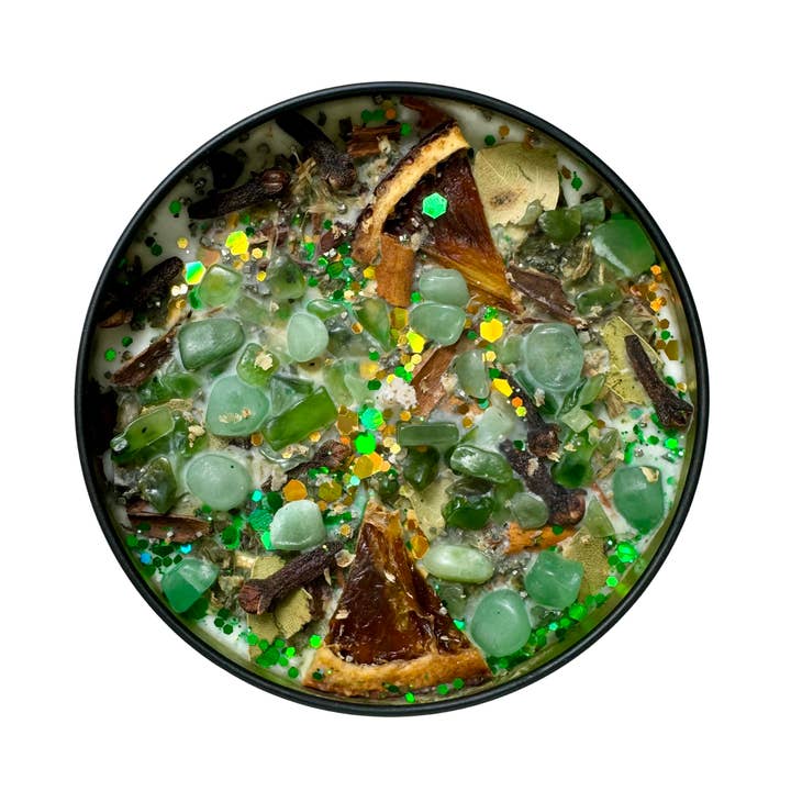 The MoonChild Tarot UK - Vente Bougie en bocal - Bougie de soja Abundance - Cristaux et herbes pour la prospérité