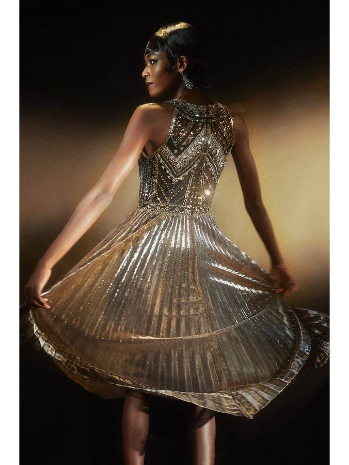 Black Dark Gold Zouzou Metallic Beading Flapper Dress for wholesale on Faire1