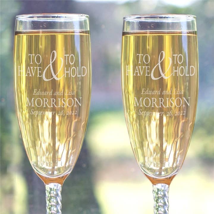 Engraved To Have and To Hold Champagne Flute Set for wholesale by Sunny Jar Personalized