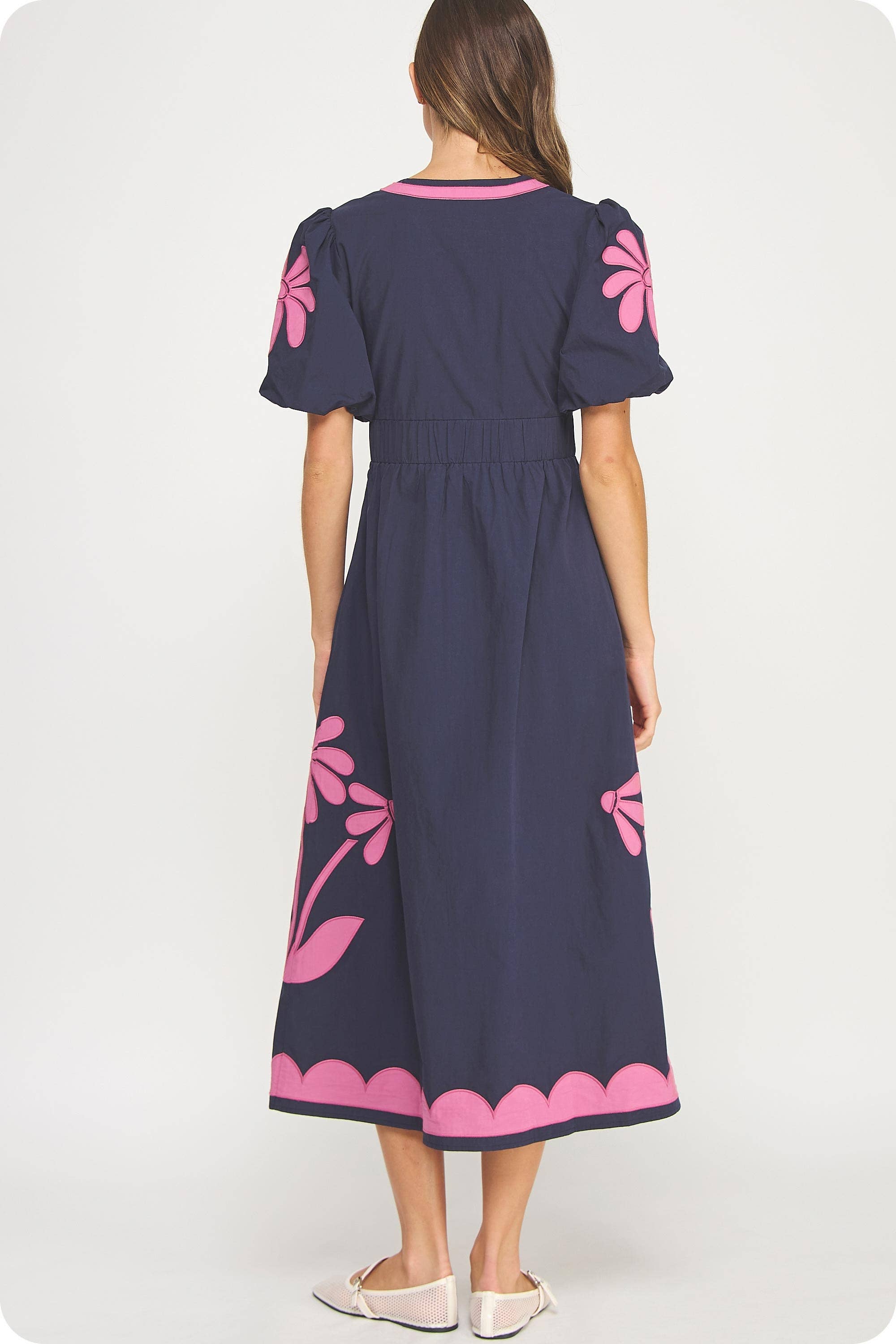 Navy chateau Rose Flower Patch Contrast Embroidery Midi Dress for wholesale on Faire7
