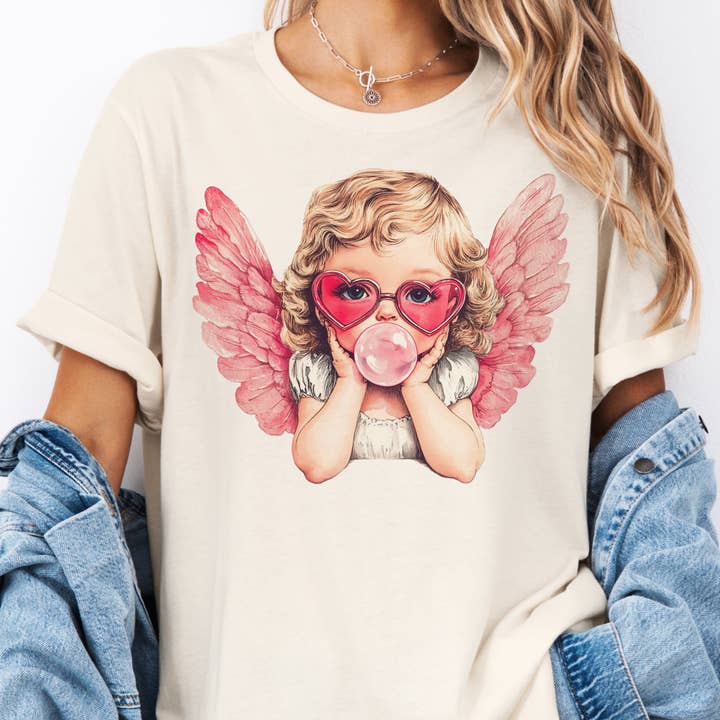 Par.tees by Party On! – wholesale T-shirt med logga - Dam – Alla hjärtans dag Bubbelgum Ängel Retro Amor Grafisk T-shirt2