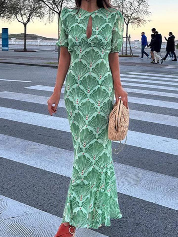 Printed Puff-Sleeve Midi Dress for wholesale by Mccolin