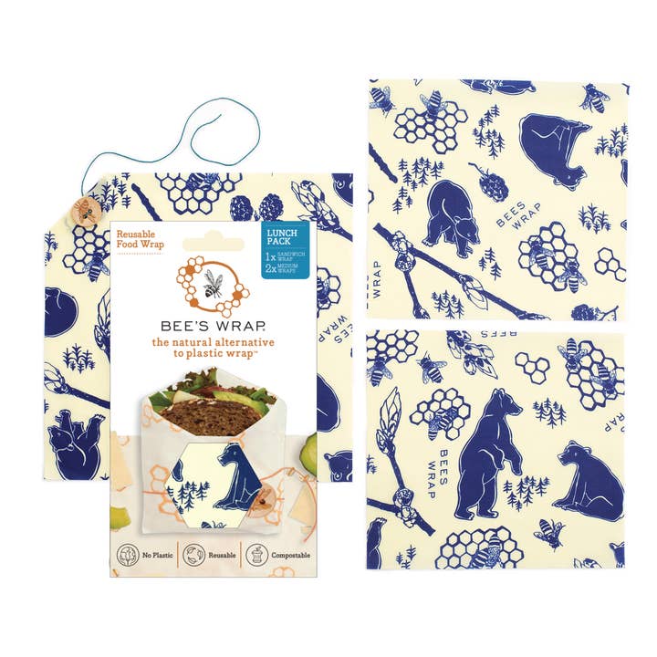 Bee's Wrap - Wholesale Food Storage Wrap/Bag - Lunch 3 Pack - Bees & Bears Print2