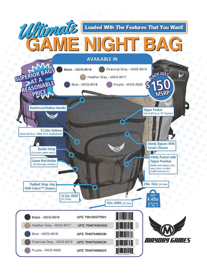 Ultimate Game Night Backpack Bag (5 colors to choose from) for wholesale by Mayday Games