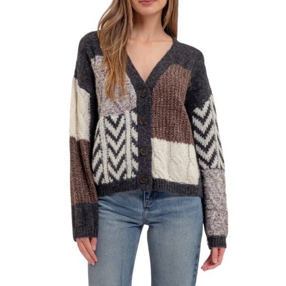 V Neck Patchwork Cable Knit Cardigan with Chevron and Colorb for wholesale by Blue Bunny Inc