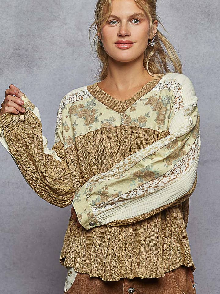 V neck long sleeve double gauze printed lace patch sweater for wholesale by Pol Clothing