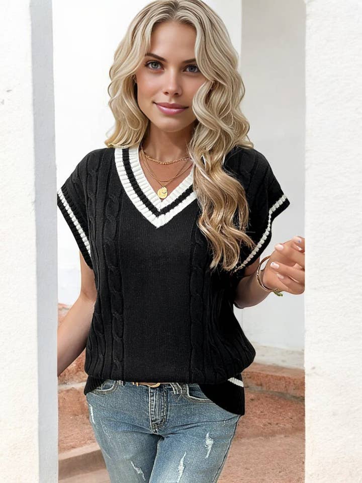 Sleeveless Cable Knit Sweater Vest with V-Neckline for wholesale by Anna Kaci Wholesale