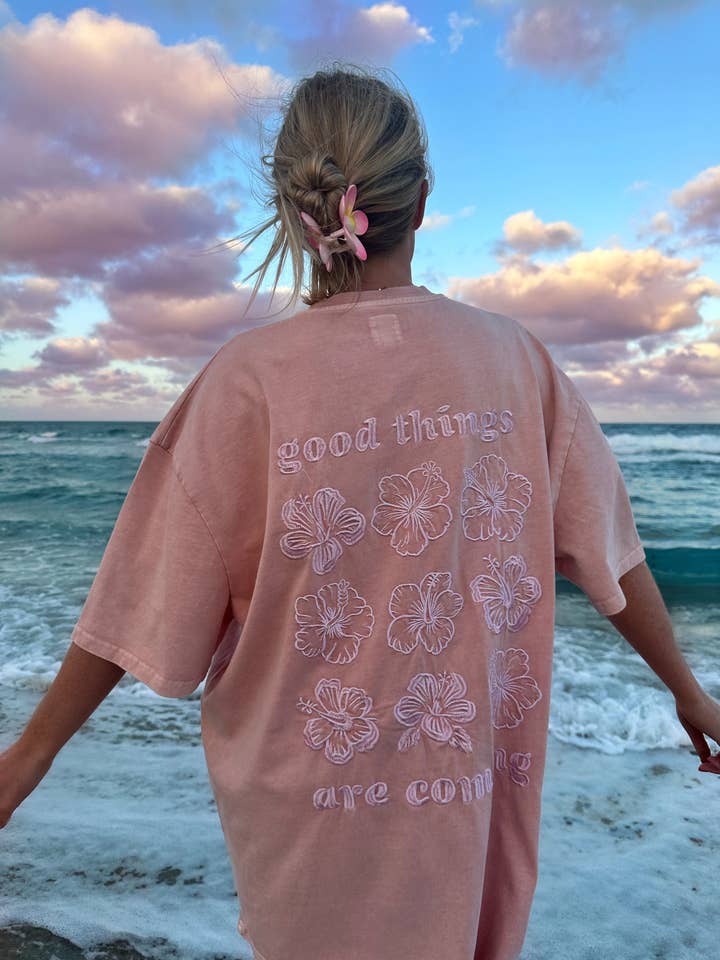 Good Things Are Coming Embroider Flower Tee for wholesale by Sunkissed Coconut