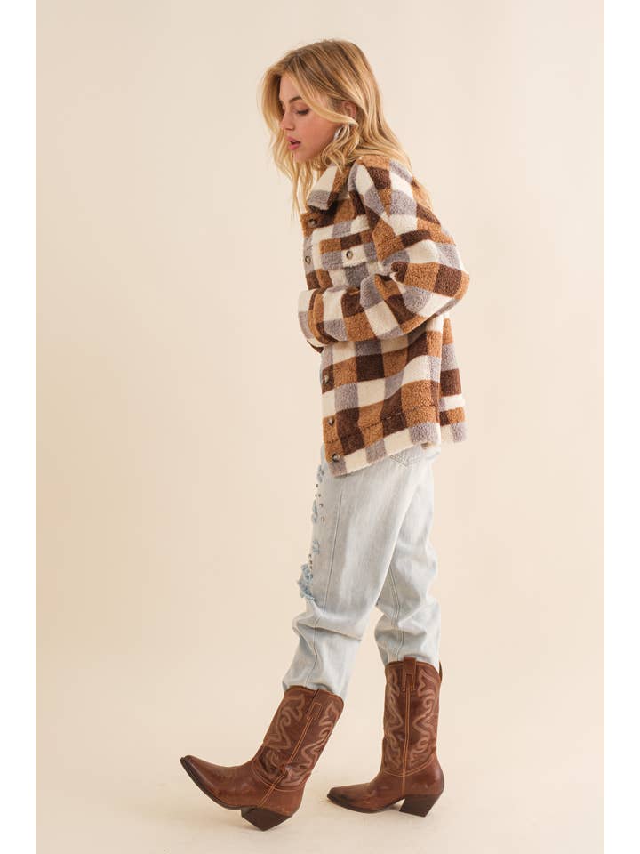 Blue B - Wholesale Shirt Jacket/Shacket - Women's - 32845J - Checkered Teddy Chest Pocket Oversized Jacket