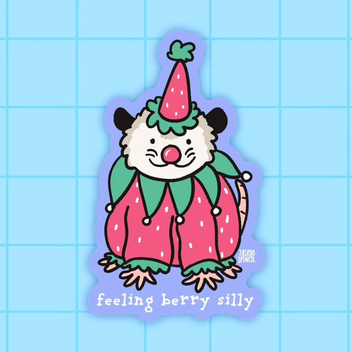 Berry Silly Strawberry Clown Possum Mini Vinyl Sticker for wholesale by 2Birds1Pencil Illustrations