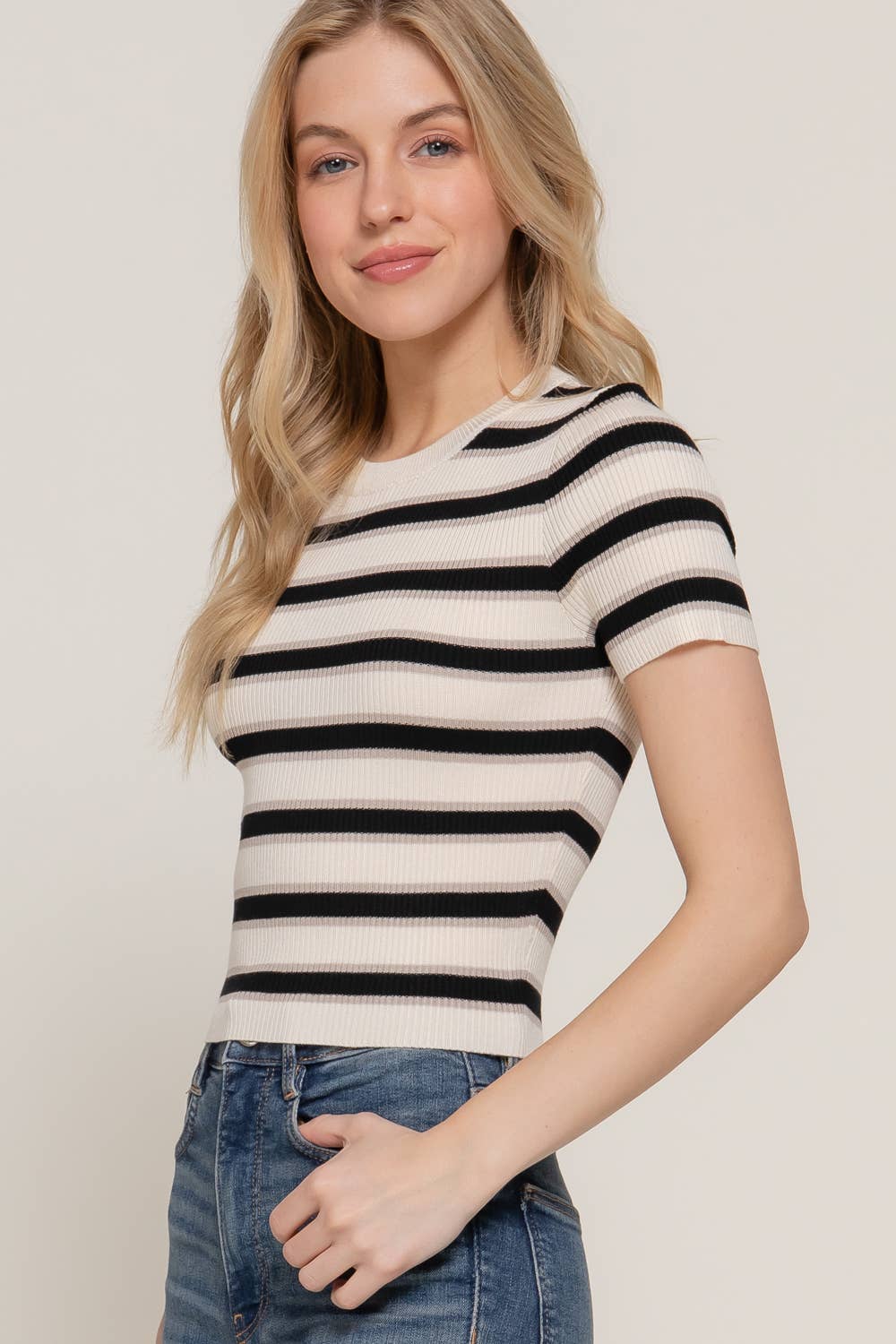 Active Basic | Active USA - Wholesale Knit Top - Women's - Short Sleeve Crew Neck Multi Stripe Spring Sweater18