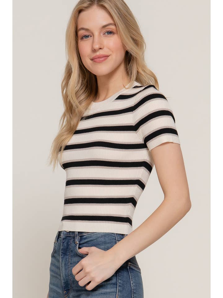 Active Basic | Active USA - Wholesale Knit Top - Women's - Short Sleeve Crew Neck Multi Stripe Spring Sweater18