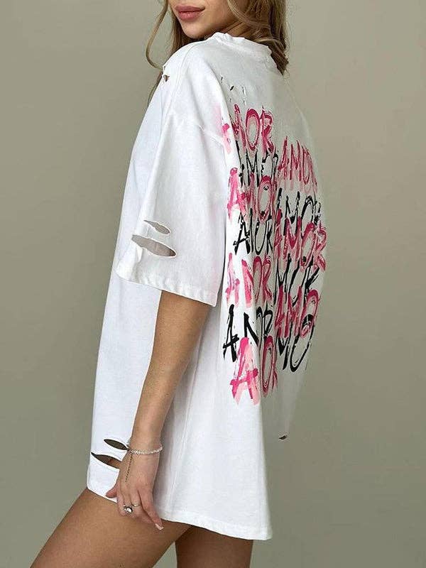 UZ Wholesale Store – Engroshandel Tunika - Dame – Løse korte ærmer Kontrastfarve Hult bogstavtryk T-shirttoppe med rund hals2