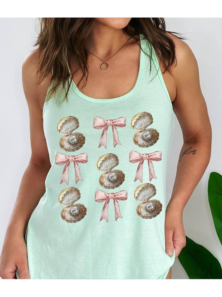 Coquette Pearl Oyster Graphic Racerback Tank for wholesale by Pink Irene Wholesale