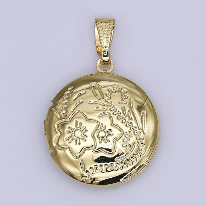 Aim Eternal - Wholesale Locket Necklace - 24K Gold Filled Nature Flower Engraved Round Locket | AH4850