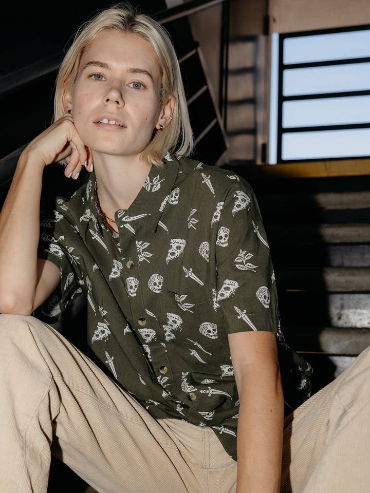 Pyknic - Wholesale Button Down Shirt - Unisex - Pizza Slayer Tattoo Flash Mens Womens Casual Button Up Shirt9