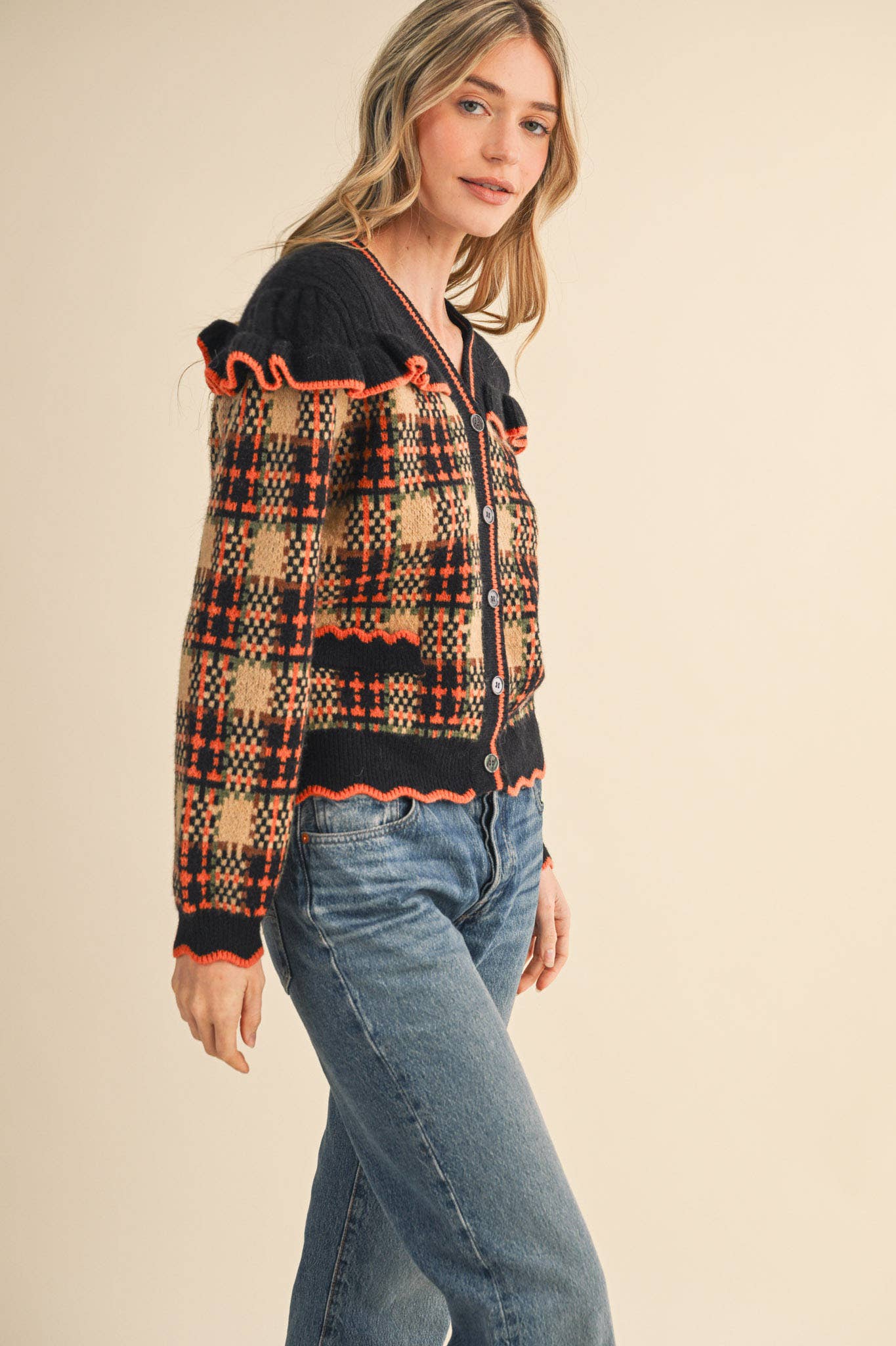 &MERCI - Wholesale Cardigan - Women's - RUFFLED YOKE PLAID SWEATER CARDIGAN MSW111854