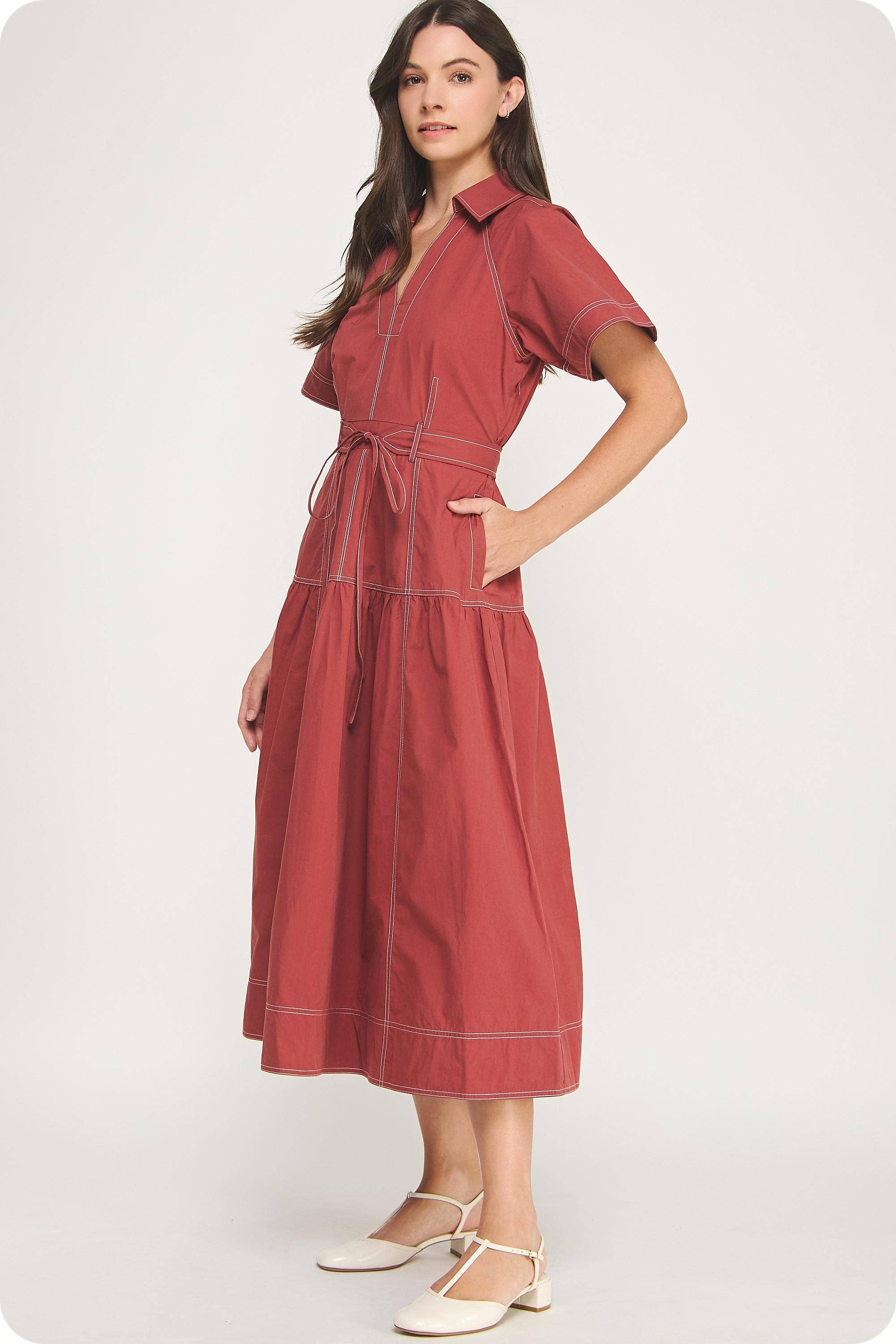 Strut & Bolt - Vente Robe – femme - Robe midi en popeline à col surpiqué7
