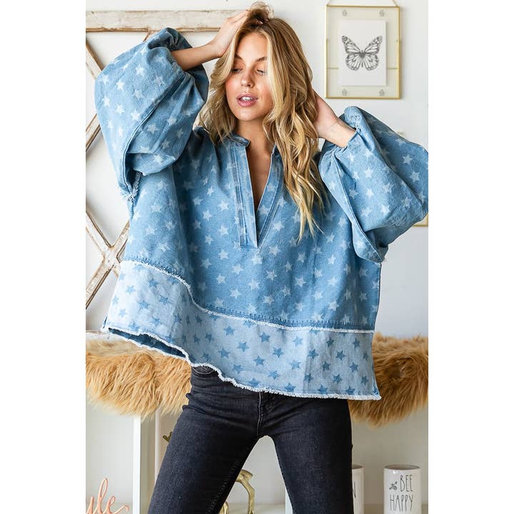 WASHED STAR PRINTED BALLOON SLEEVE DENIM TOP for wholesale on Faire
