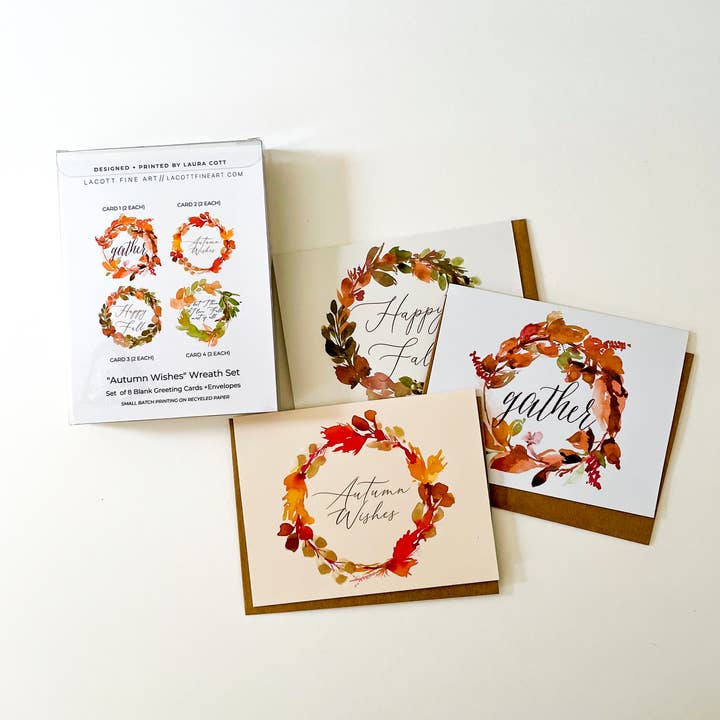 Boxed Set of 8 Cards - "Autumn Wishes" Wreath Set for wholesale by LaCott Fine Art