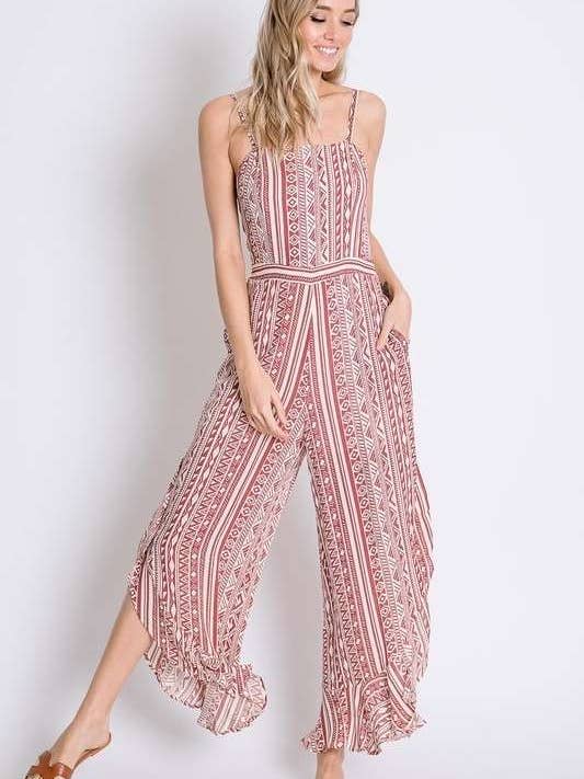 Red TRIBAL ETHNIC STRIPE PRINT WIDE LEG JUMPSUIT for wholesale on Faire