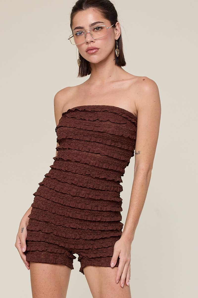 Sky to Moon - Wholesale Romper - Women's - FULLBODY TIERED LACE RUFFLE TUBE MINI ROMPER0