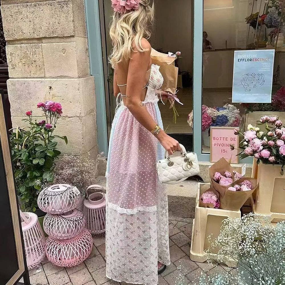 UN Abito lungo stile boho da donna con pizzo a fiori piccoli e scollo all'americana. in vendita all'ingrosso su Faire3