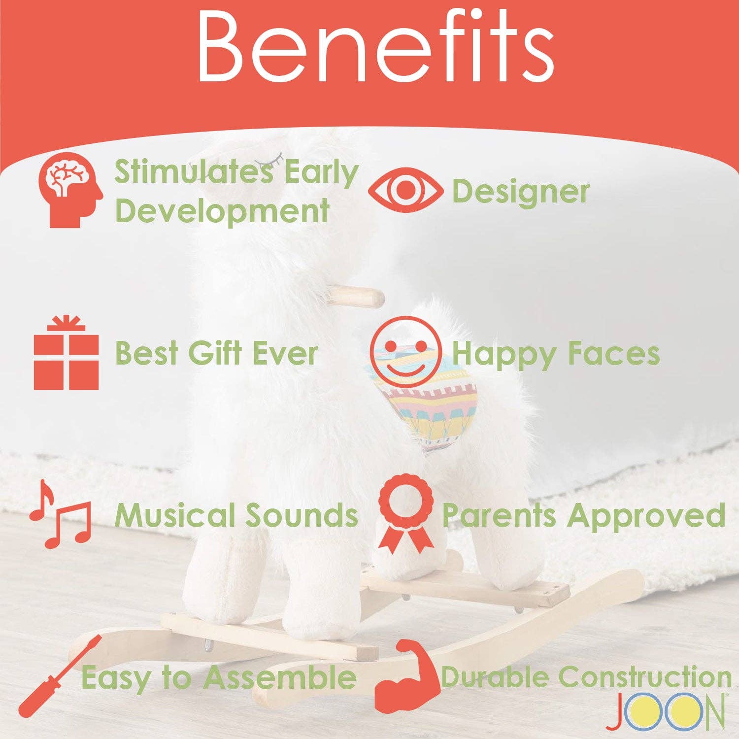 ShopBobbys - Wholesale Rocking Horse - Kids - JOON Lola Shaggy Hair Ride-On Llama Rocking Horse With Sound Effects, White0