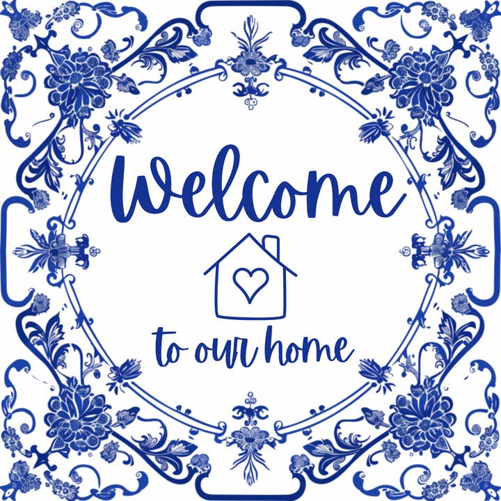 Benvenuti nella nostra casa Insegna in metallo Chinoiserie blu da 10 pollici – TTE-372 per la vendita all'ingrosso da parte di Trendy tree