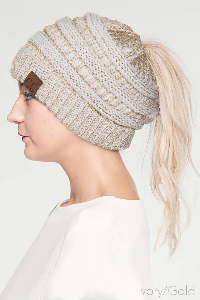 Hana – wholesale Beanie – Women's – C.C Metallic Messy Bun Ponytail Beanie5