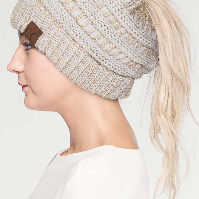 Hana – wholesale Beanie – Women's – C.C Metallic Messy Bun Ponytail Beanie5