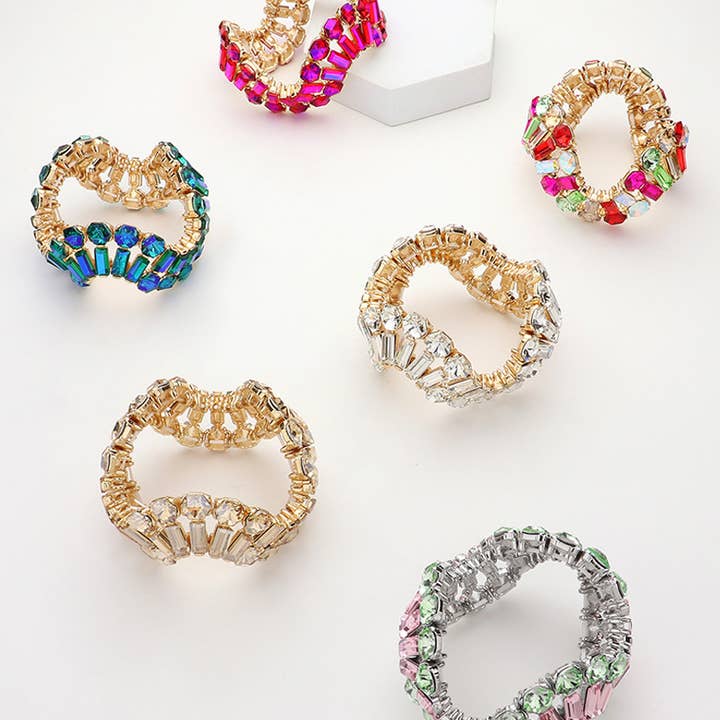 Round Emerald Cut Stone Cluster Wavy Stretch Bracelet for wholesale by Sensibling Corp.