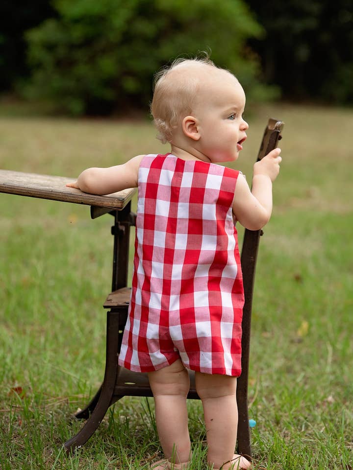 Posh Pickle - Wholesale Jumpsuit - Baby - Scribble Red Gingham Crayon Embroidery Jonjon3