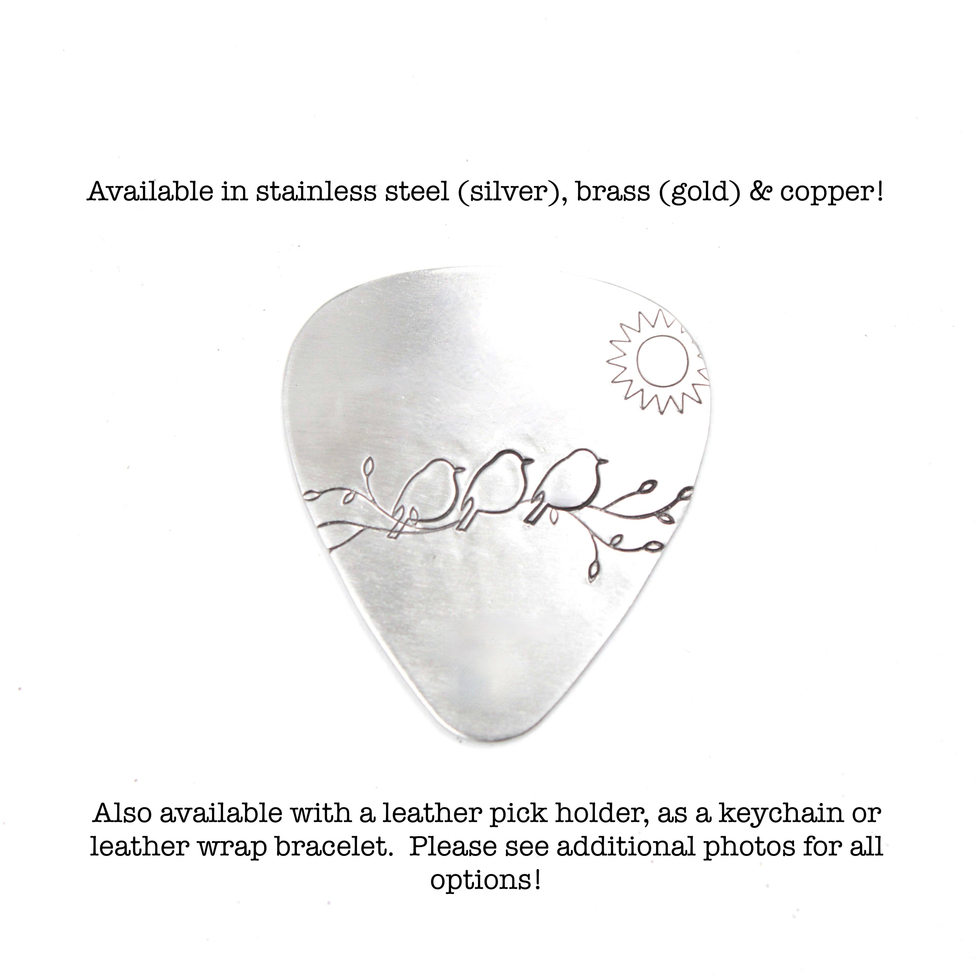 Completely Hammered - Wholesale Music Accessory - 3 Little Birds Hand stamped Guitar Pick, Keychain or Wrap Bracelet3