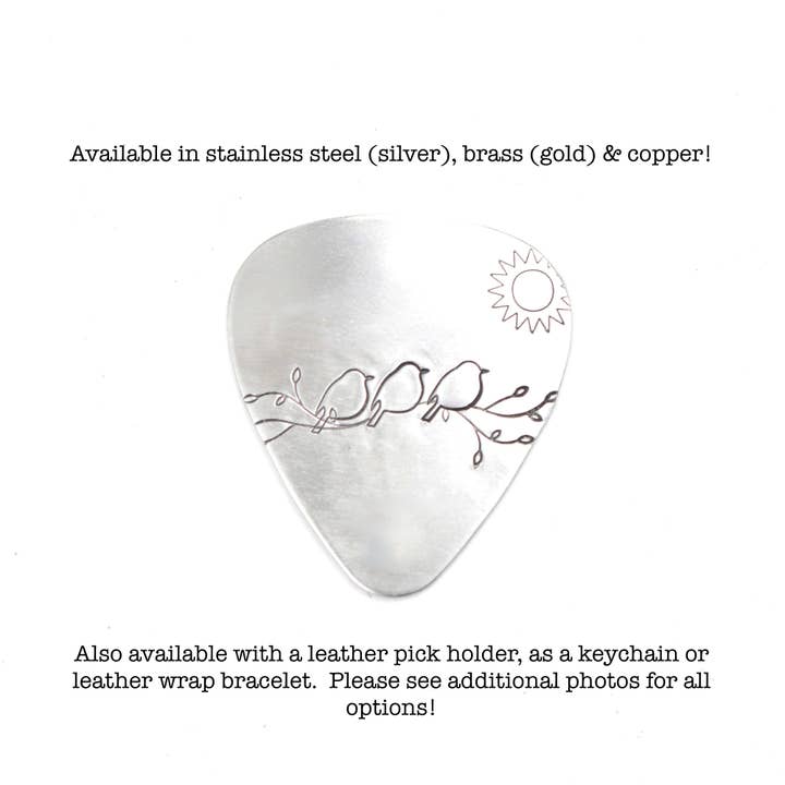 Completely Hammered - Wholesale Music Accessory - 3 Little Birds Hand stamped Guitar Pick, Keychain or Wrap Bracelet3