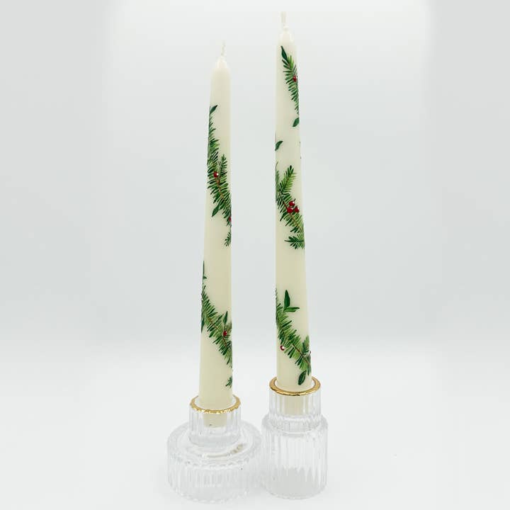 Mistletoe Hand Painted Taper Candle Pairs for wholesale by Ashley Myers