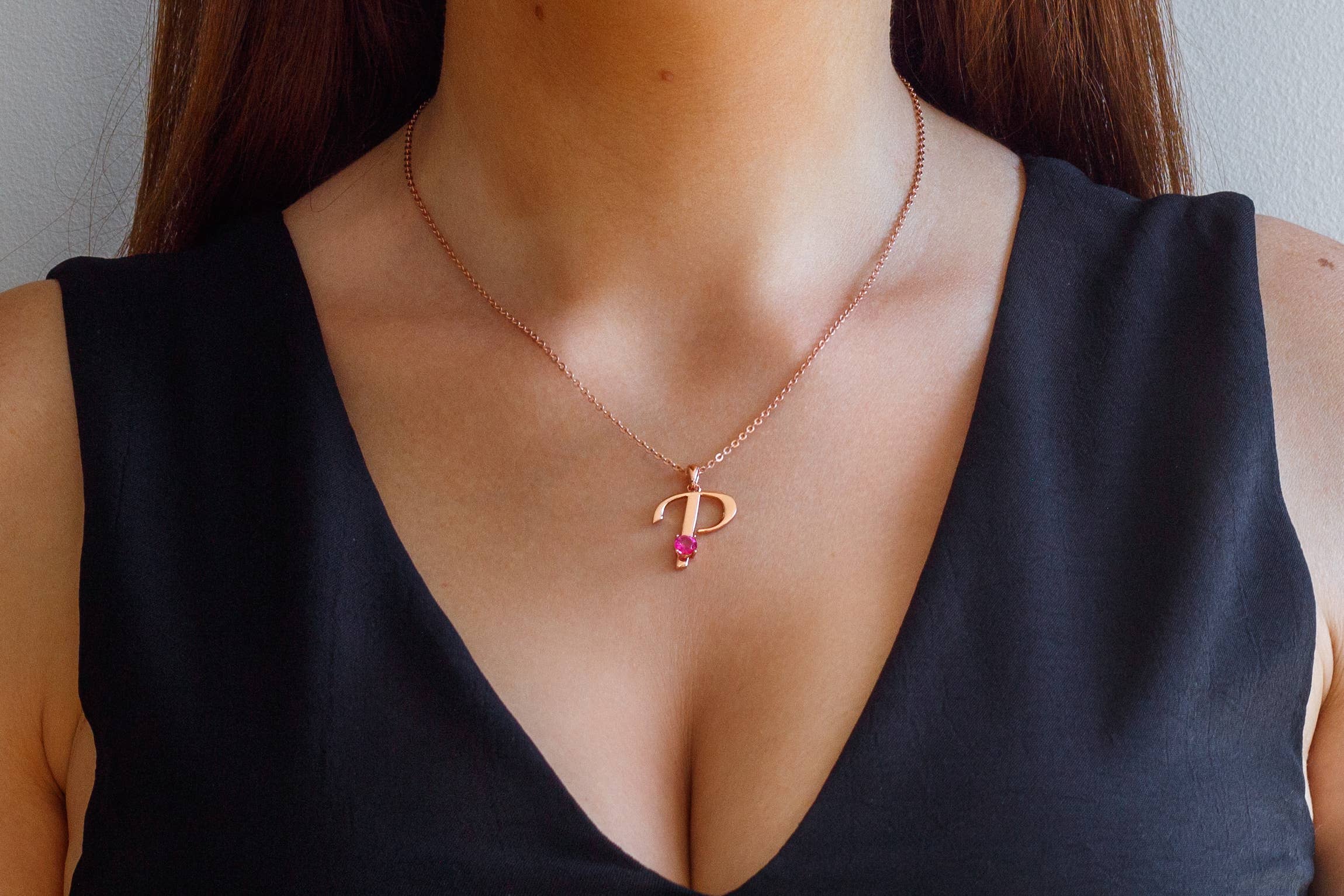 Thesoftcheek Jewelry - Wholesale Pendant/Charm Necklace - Initial Letter Necklace Silver Rose Gold Vermeil- Pink Topaz23