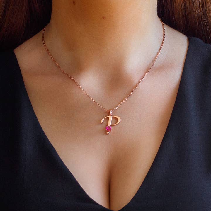 Thesoftcheek Jewelry - Wholesale Pendant/Charm Necklace - Initial Letter Necklace Silver Rose Gold Vermeil- Pink Topaz23
