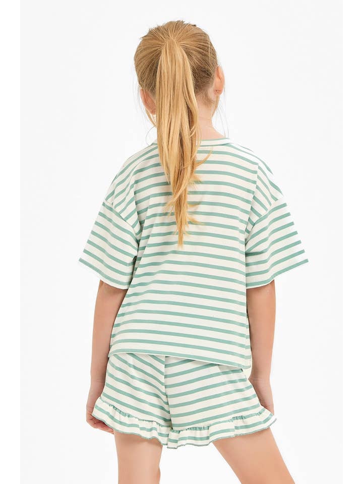 Good Girl - Wholesale Top & Short Set - Kids - Stripe Crop Top and Ruffle Shorts Set