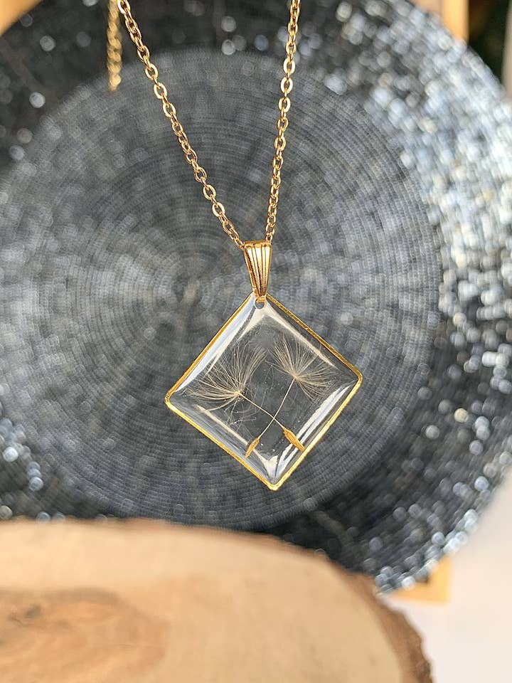 Dandelions golden diamond dried flower necklace for wholesale by Madame Cousette