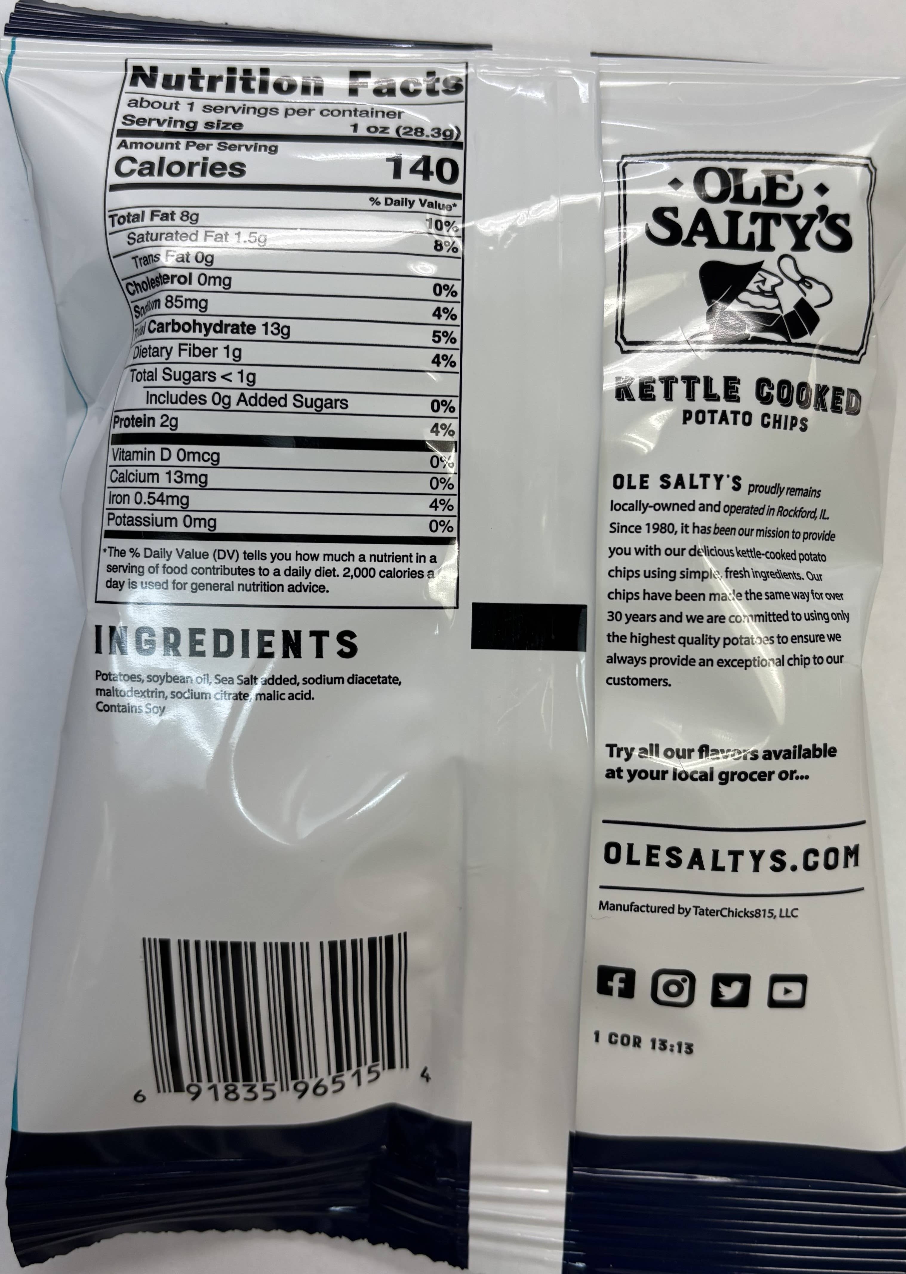 Ole Salty's - Vente Chips - Chips de pomme de terre au sel marin et vinaigre, cuisson en marmite, 35 g1