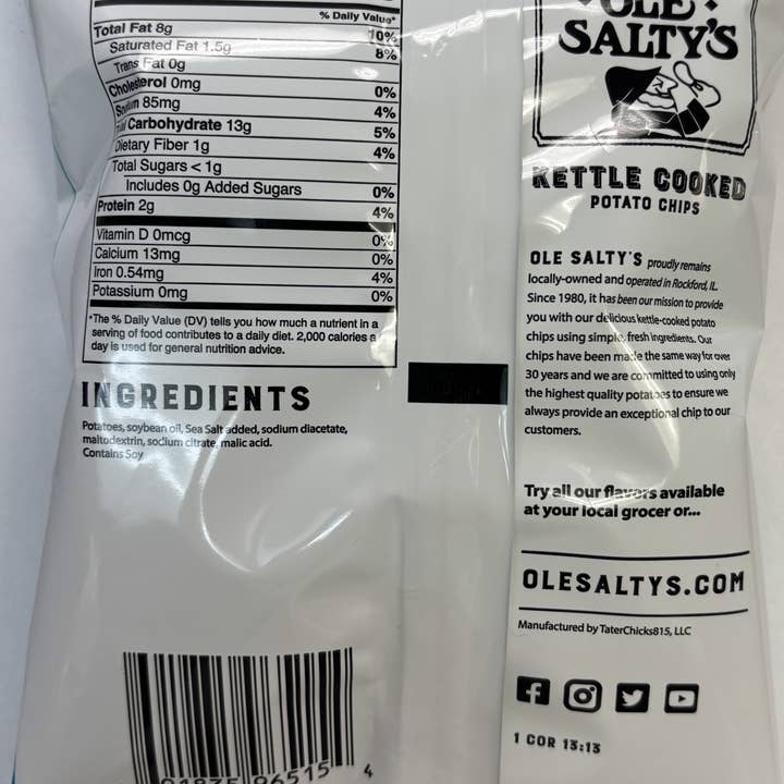 Ole Salty's - Wholesale Chips - 1.25oz Sea Salt & Vinegar Kettle Cooked Potato Chips1