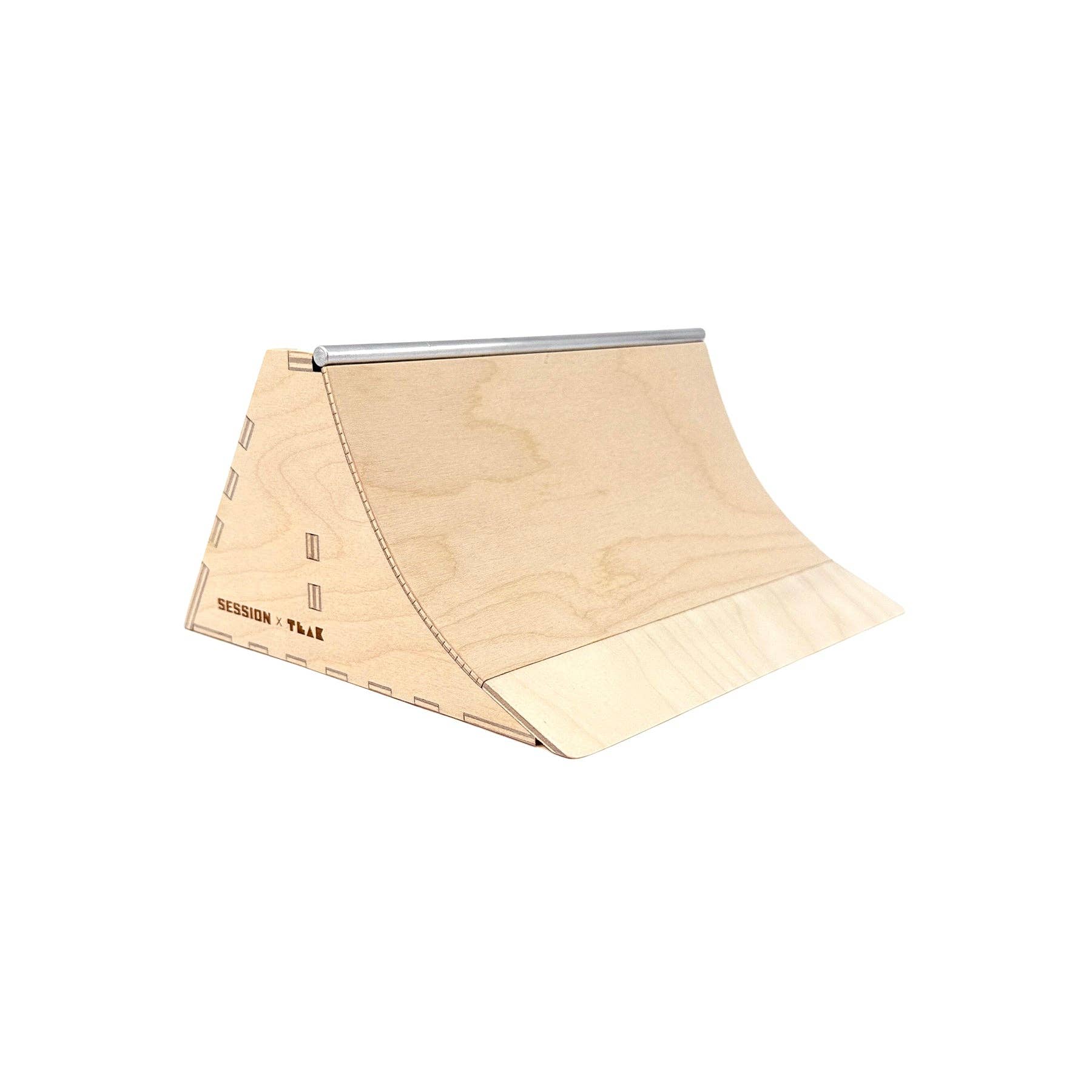 Teak Tuning Pro Fingerboards - Wholesale Wood Toy - Kids - Mini Quarter - Short Quarter Pipe with a Banked Wall + Aluminum Bar Coping