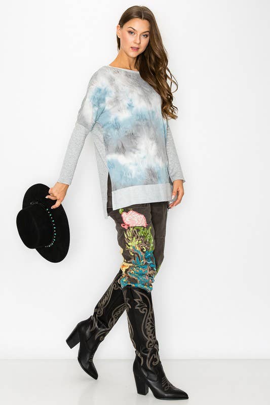 Blue 10702L507 - UNBALANCED COLD SHOULDER TIE DYE TOP for wholesale on Faire10