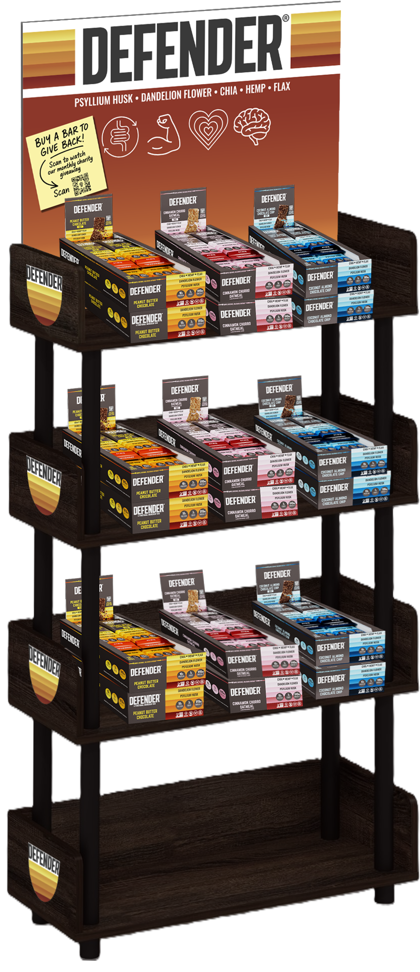 Defender Bar – wholesale Retailer display – Food & Drink – NEW: Free Wooden Display, Defender Bar, 3 Flavors (216 Bar)1